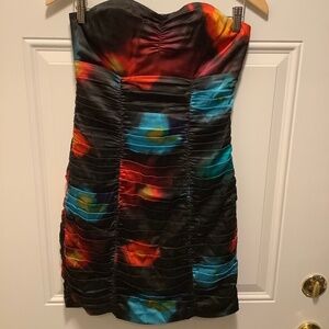Express| Silk Ruched Mini Dress Sz 4 Y2K Artsy Cocktail Party Watercolor Print